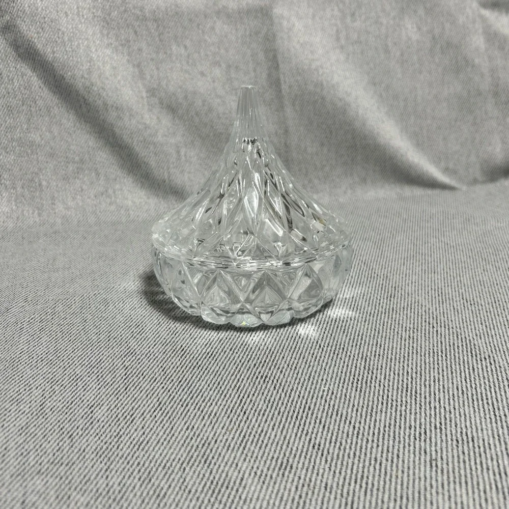 Vintage Glass Hershey Kiss Shaped Candy Dish Clear Diamond Cut Trinket Bowl Lid